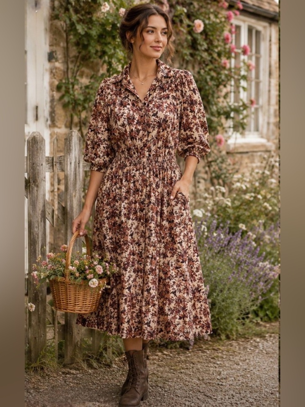 Vintage 70s Young Edwardian Arpeja Floral Peasant Midi Dress Burnt Orange Sz 13